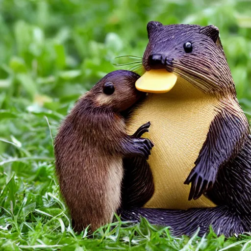 Image similar to real beaver and real duck sitting on vegetables