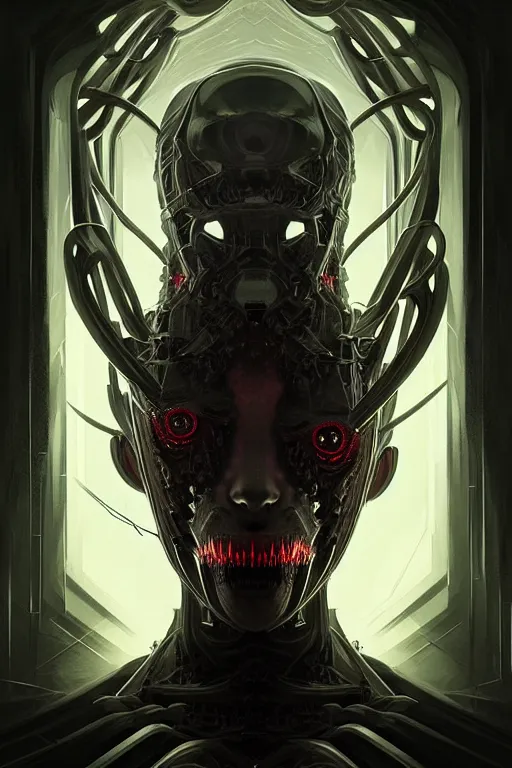 Prompt: professional concept art symmetrical portrait of a horror fractal robotic nightmare species in deep dark room by artgerm and greg rutkowski. an intricate, elegant, highly detailed digital painting, kubism, concept art, smooth, sharp focus, illustration, in the style of cam sykes.