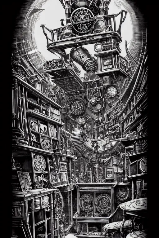 Image similar to a majestic steampunk alchemists bookshelf, two point perspective, furniture, high details, bold line art, by vincent di fate and joe fenton, inking, etching, screen print, masterpiece, trending on artstation, sharp, high contrast, hyper - detailed,, hd, 4 k, 8 k