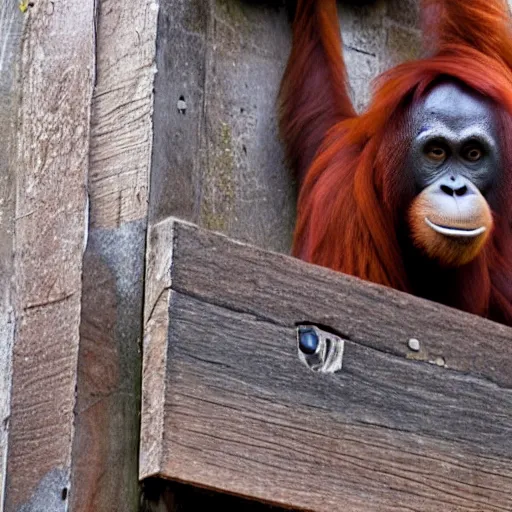 Prompt: an orangutan climbing up the side of my house