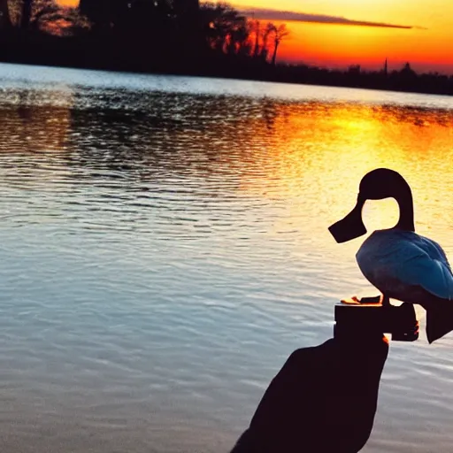 Image similar to a duck who's a photographer, duck is holding a camera, with sunset in the background
