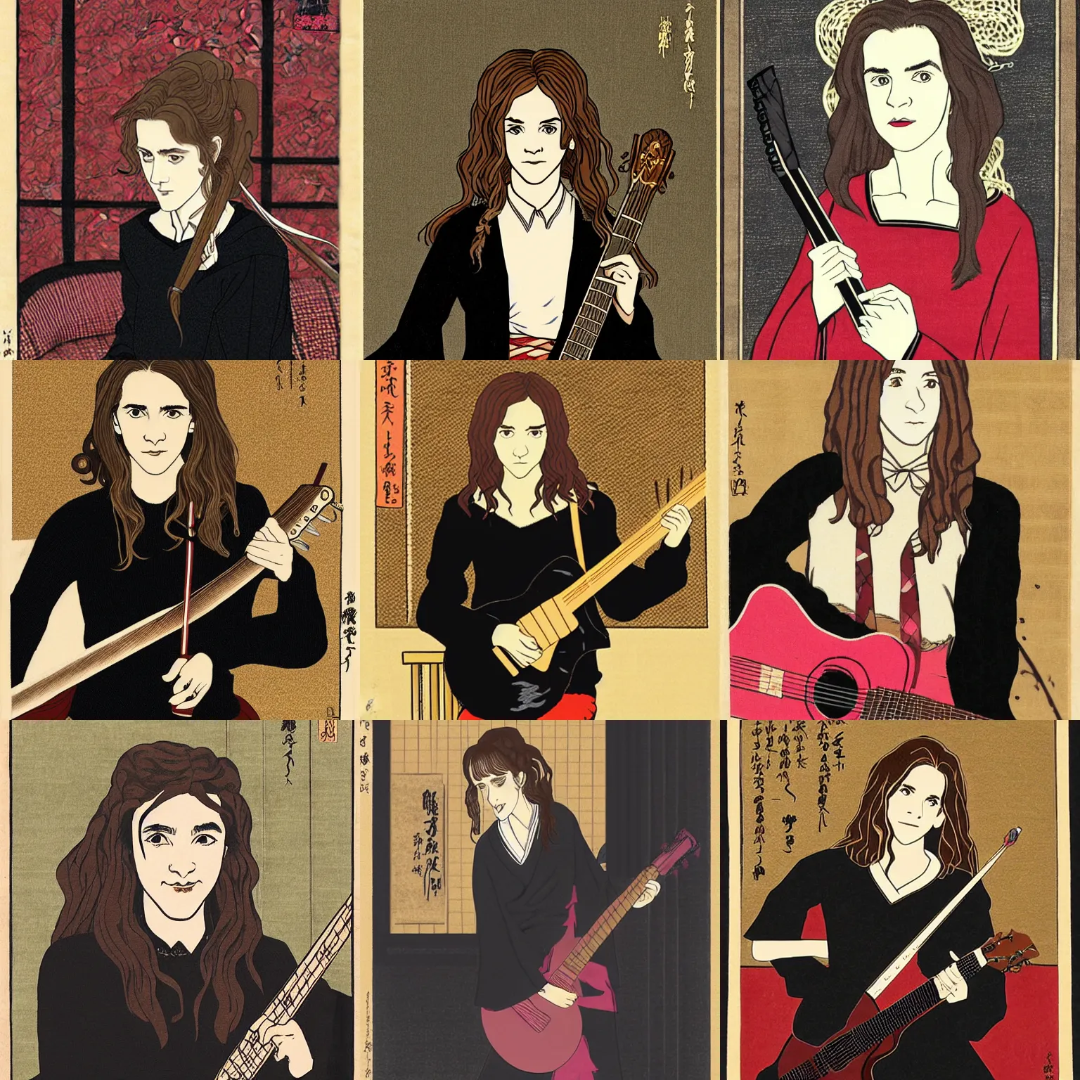 Prompt: Hermione Granger/Emma Watson wearing a black sweater, playing a guitar, in the Gryffindor common room, portrait photo, pixta.jp, ukiyo-e