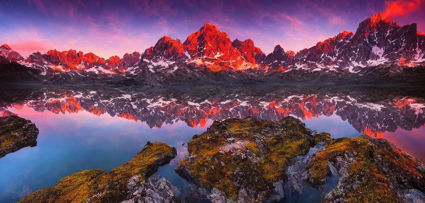 Image similar to amazing landscape photo of mountains with lake in sunset by marc adamus, beautiful dramatic lighting