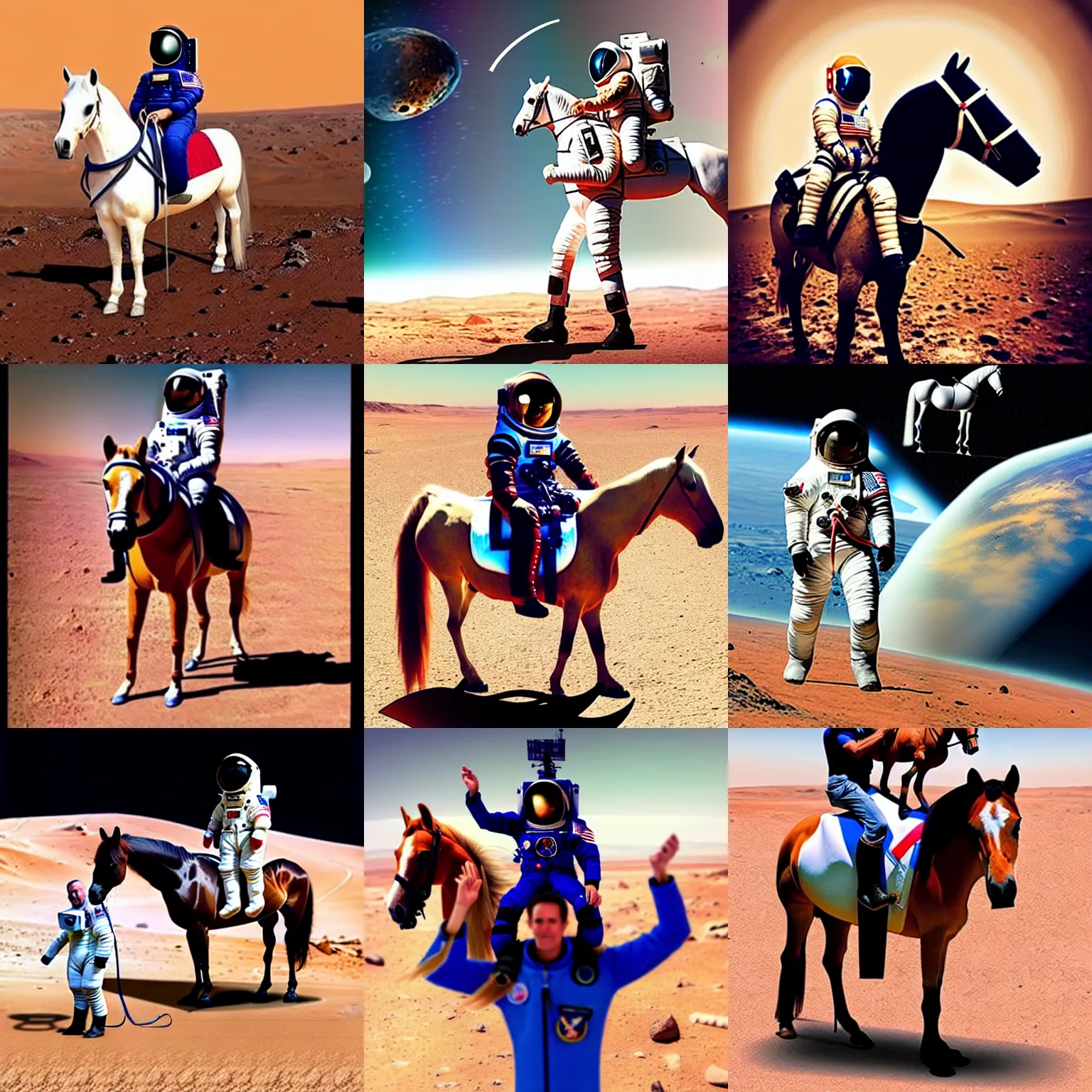 Prompt: guy with horse head sitting on shoulders of astronaut, mars vacation photo, horse sitting on astronaut back, astronaut carries a horse, meanwhile in a parallel universe