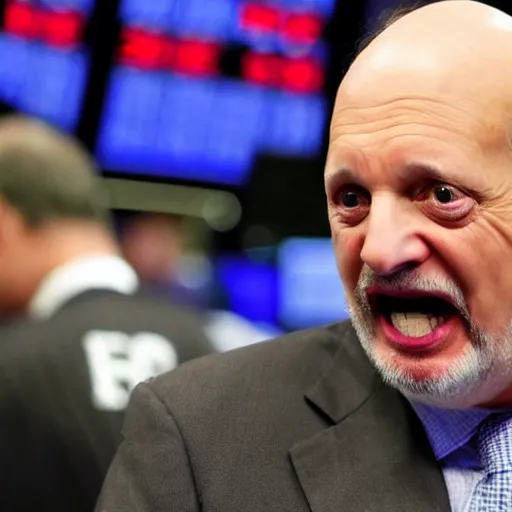 Prompt: Jim Cramer crying, stock market crashing in background