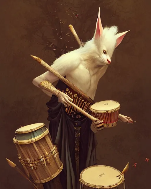 Prompt: anthropomorphic art of a bat playing the drum set, medieval clothing by artgerm, victo ngai, ryohei hase, artstation, highly detailed digital painting, smooth, global illumination, fantasy art by greg rutkowsky, karl spitzweg