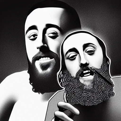 Image similar to an ultra detailed picture portrait of Mac Miller and Jesus smoking a joint in heaven, 8k, photorealistic,