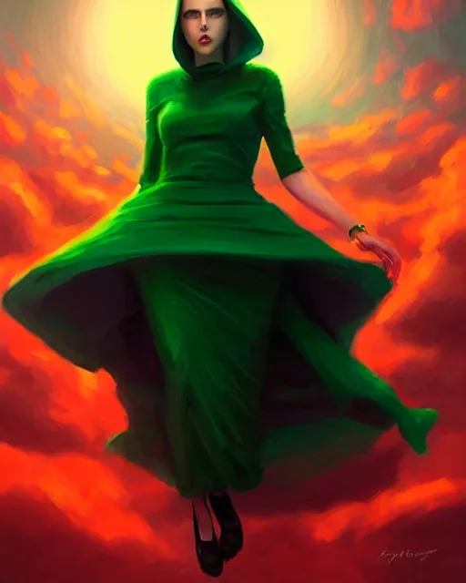 Prompt: Mandy Jurgens art, Irina French art, cinematics lighting, beautiful Anna Kendrick supervillain, green dress with a black hood, angry, symmetrical face, Symmetrical eyes, full body, flying in the air over city, night time, red mood in background