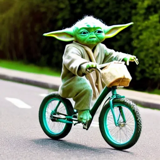 Image similar to baby yoda riding a bike