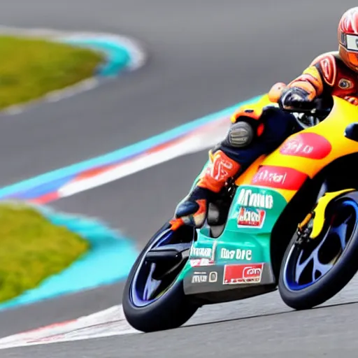 Image similar to lando norris, on a tiny motorbike, giving the middle finger