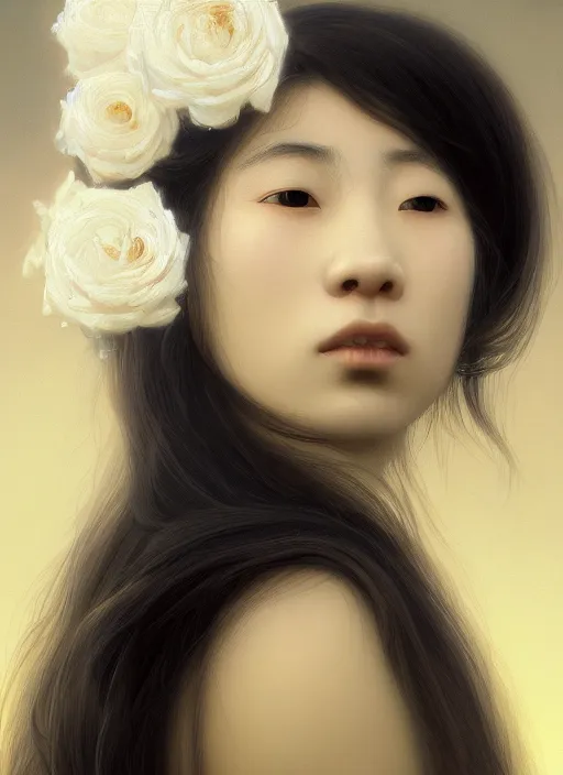 Image similar to oil painting close up portrait of a contemplative young japanese - nigerian woman with long dark flowing hair in a dress made of white roses!! at sunset, hazy, digital art, chiaroscuro, artstation, cinematic, golden hour, digital art painting by greg rutkowski, william - adolphe bouguereau, hazy atmosphere, cinematic lighting