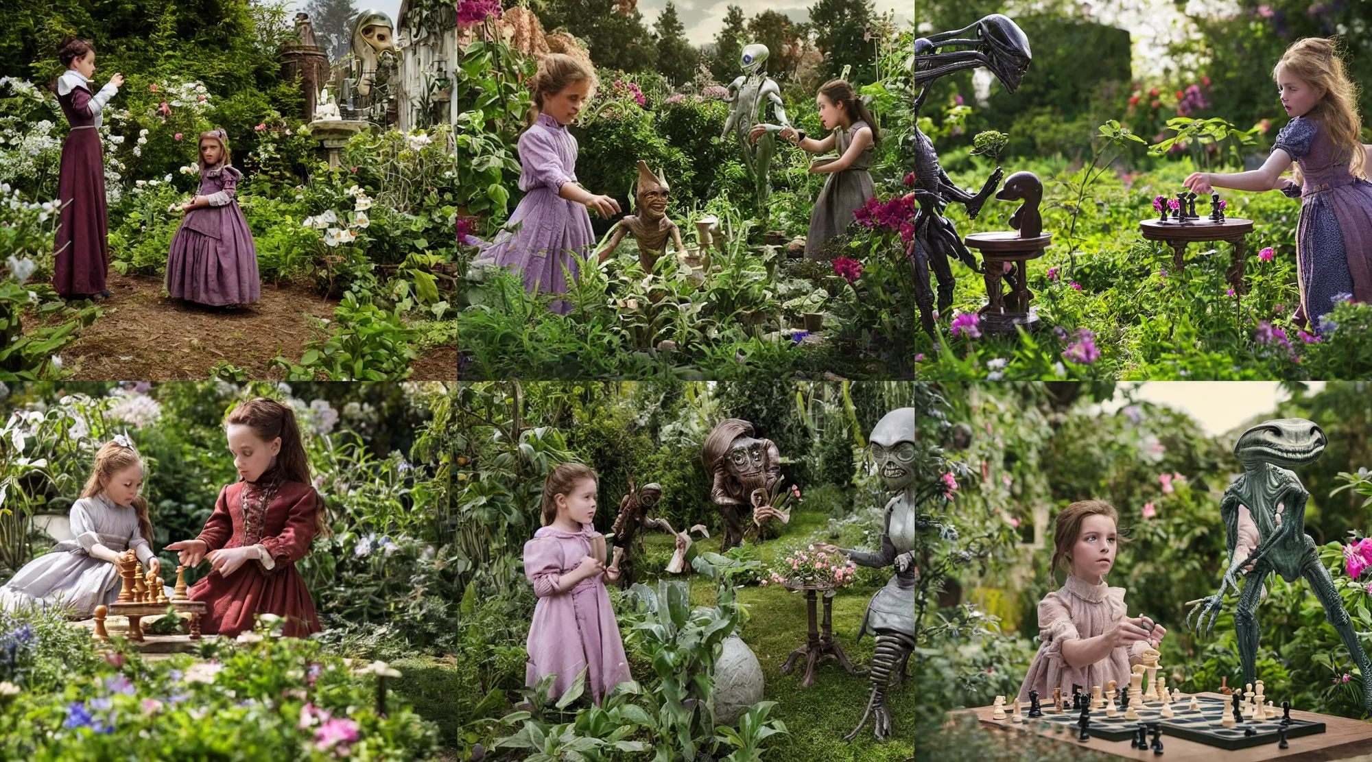 Prompt: still from a sci fi blockbuster movie made in 2022, set in 1860, a girl playing chess with a small humanoid alien creature, wearing 1850s era clothes, in a garden full of alien plants and flowers, on an alien planet, good lighting, 8k, in focus faces, good quality photography