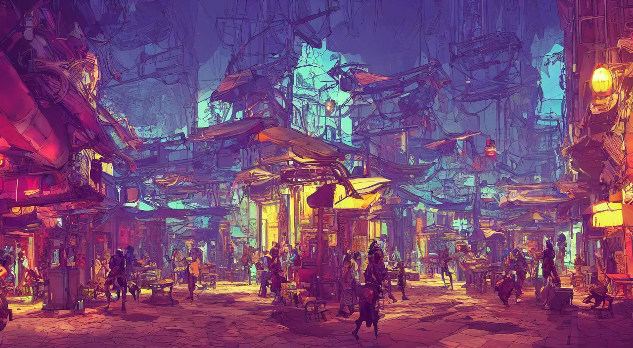 Image similar to bazaar zouk oriantal full color sky shine place mosquet painting stylized digital illustration video game icon global illumination ray tracing that looks like it is from borderlands and by feng zhu and loish and laurie greasley, victo ngai, andreas rocha, john harris