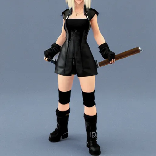 Prompt: 3D render, Cloud Strife wearing Tifa Lockheart’s outfit in the style of Final Fantasy VII Advent Children