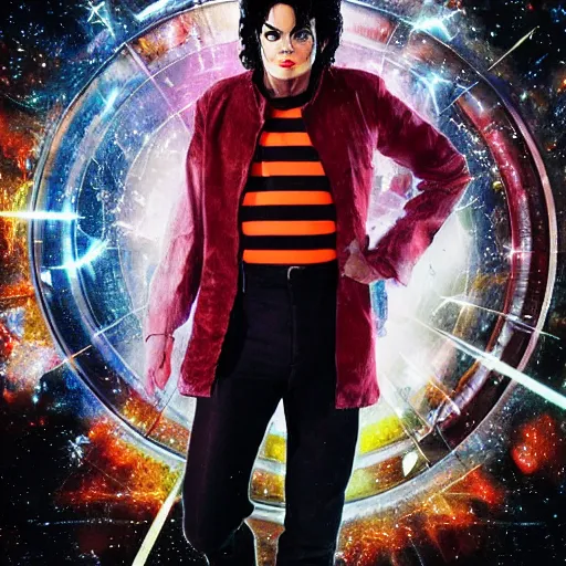 Image similar to a full body photograph of michael jackson as'doctor who ', time vortex in the background, detailed face, symmetrical face, extreme realism and detail, 8 k, completely framed, direct lighting, 3 5 mm photo, photorealistic, sharp focus