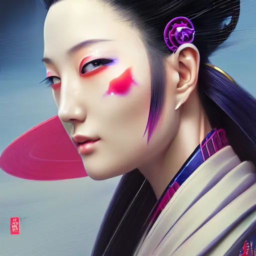 Image similar to portrait of beautiful japan cyberpunk geisha, by artgerm, nick silva, ja mong, greg rutkowsky, digital, soft painting, photorealism, skin reflections