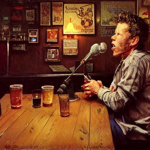 Prompt: Tom Waits singing in a pub, highly detailed, digital painting, artstation, concept art, smooth, sharp focus, illustration, art by james gurney and norman rockwell and greg rutkowski chuck close