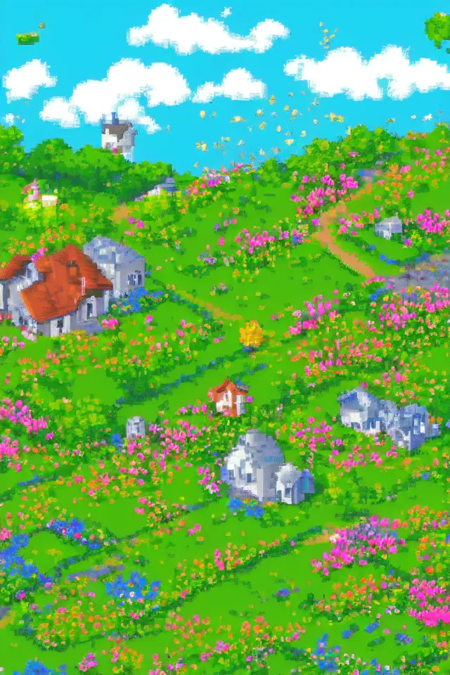 Prompt: a countryside in spring, green hills and blue sky with patches of clouds, nature in all its beauty, some houses in the background, star - shaped flowers in the foreground, we can see the sea, pixel art, indie game, snes, sprite, detailed,