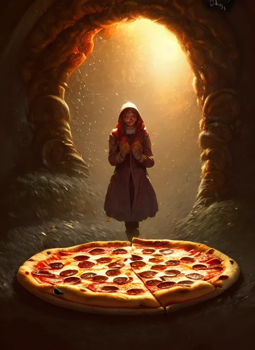 Prompt: portrait of a pizza funghi in a magical portal, highly detailed, digital painting, artstation, night scene, wlop concept art, smooth, sharp focus, illustration, art by dreadjim, craig mullins and greg rutkowski, 8 k