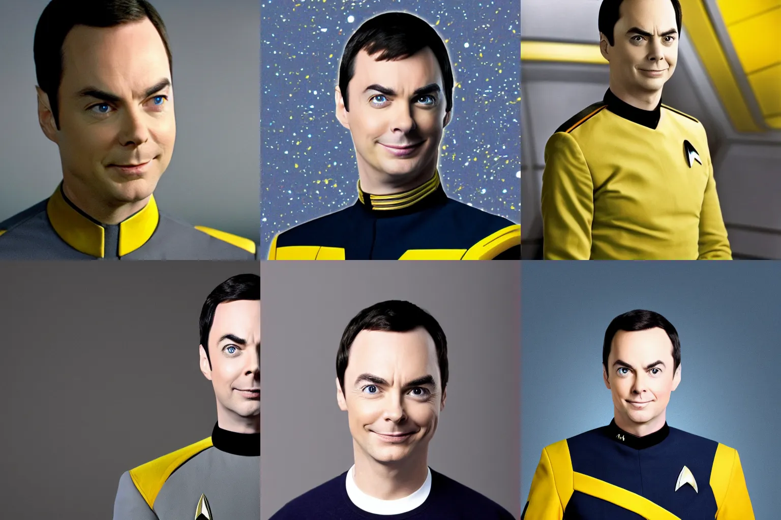 Prompt: Jim Parsons ad commander data, star trek , yellow uniform,grey skin, grey eyes, galaxy as background