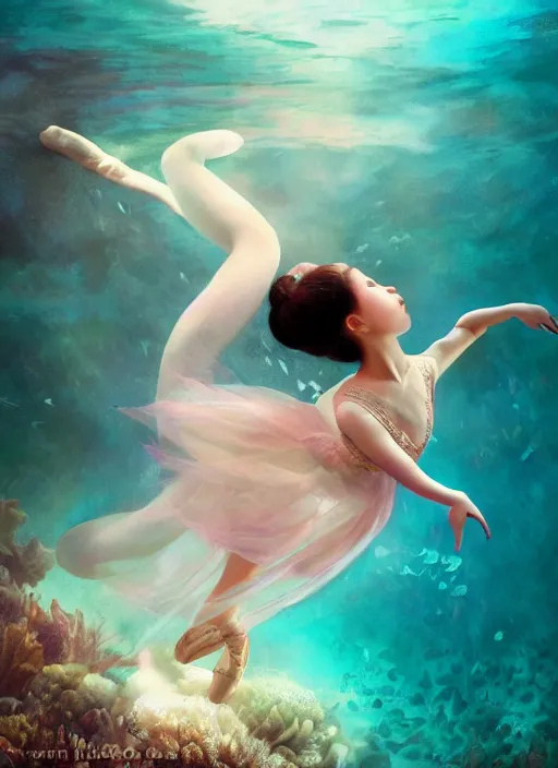 Prompt: stunningly beautiful, asian prima ballerina at the bottom of the great barrier reef, smooth, focus, highly detailed, hyper realistic, dramatic lighting, intricate, concept art, art by wlop, mars ravelo