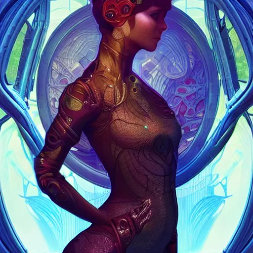 Image similar to front pose, stunning beautiful young girl alluring biomech - cyberpunk model with porcelain skin, rim light, headdress of liquid dark energy, ultra - fine detail, deep space, art nouveau futuristic background, heavily detailed, spherical mesh wire, digital art by artgerm, mucha, loish, wlop, kilian eng, artstation