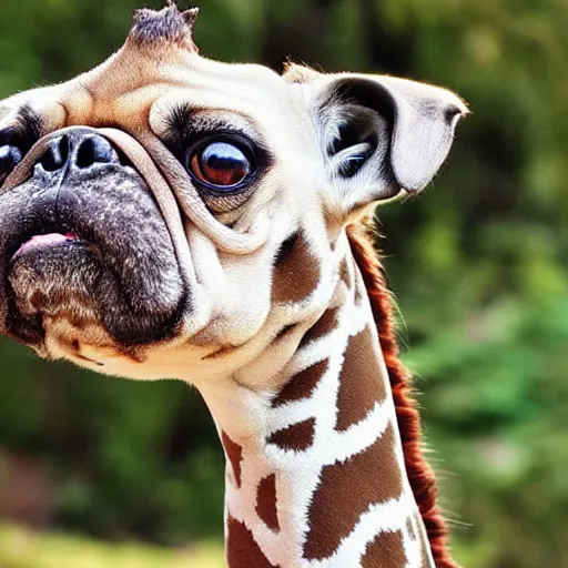 Image similar to a Giraffe-Pug Hybrid, A Giraffe that looks like a pug, huge tusks, afternoon hangout, good times photograph, candid