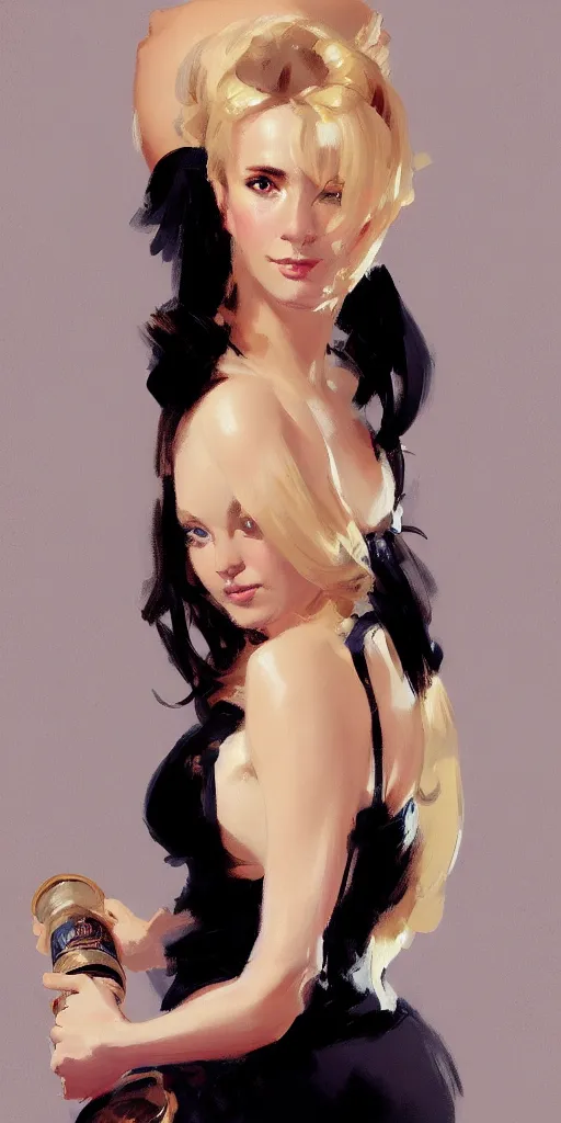 Image similar to portrait of beautiful gorgeous captivating finnish norwegian swedish glamour model wearing in dress on shoulders with black jars in hands, jodhpurs greg manchess painting by sargent and leyendecker, studio ghibli, close - up shot rim light asymmetrical illustration hearthstone, by greg rutkowski by greg tocchini by craig mullins