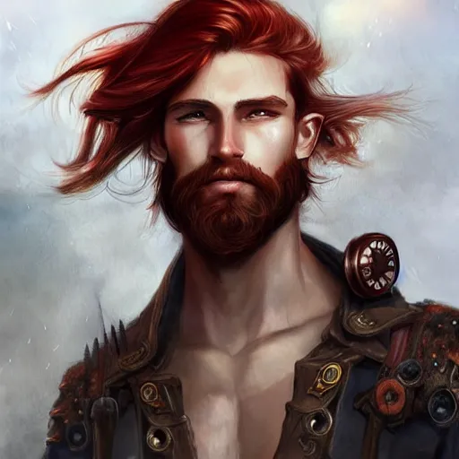 Prompt: rugged young ship captain, male, handsome, red hair, long hair, soft hair, fantasy, intricate, elegant, highly detailed, steampunk, digital painting, artstation, concept art, character art, smooth, sharp focus, illustration, art by artgerm