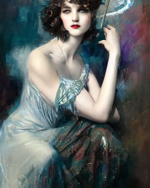 Prompt: daniel gerhartz and tom bagshaw close portrait digital painting of a 1 9 2 0 s beautiful woman at a party in a mansion, beautiful woman by artgerm and wlop, strong contrast, unreal engine, hyper realism, realistic shading, cinematic composition, realistic render, octane render, detailed textures, photorealistic, ultrawide shot, 3 5 mm film