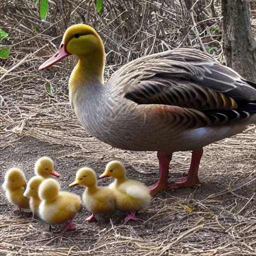 Image similar to a crossbreed of a turkey and a duck, with chicks, photo