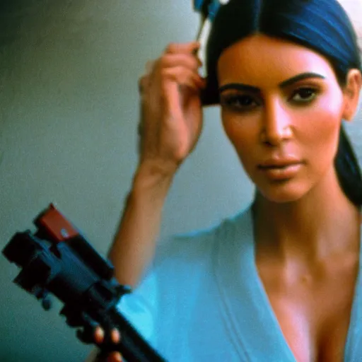 Prompt: film still of kim kardashian, jungle, vietnam door gunner, apocalypse now, associated press,, 2 6 mm, kodak ektachrome, blue tint expired film.