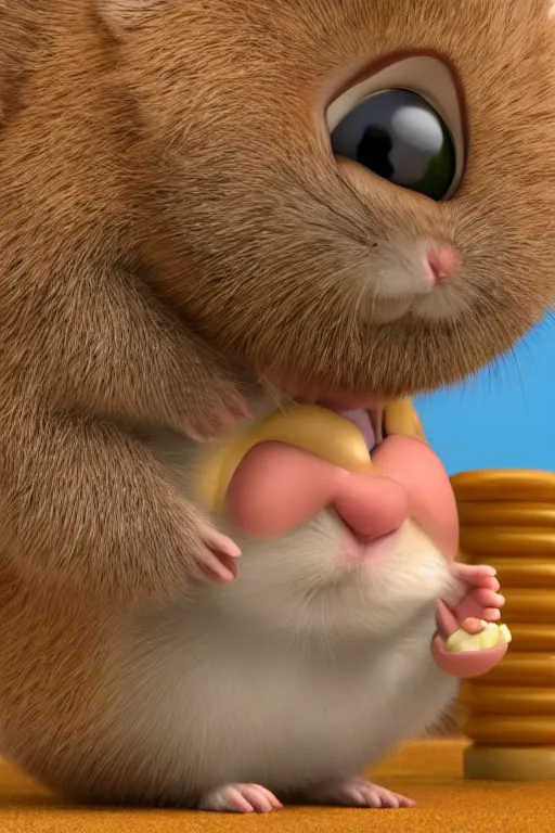 Image similar to funny hamster with cheeks full of nuts trying to push one more peanut into his mouth. pixar disney 4 k 3 d render funny animation movie oscar winning trending on artststion and behance. oscar award winning.