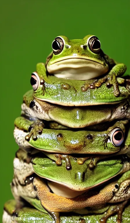 Prompt: a tower of frogs stacked on top of each other, HD nature photography, cute frog faces