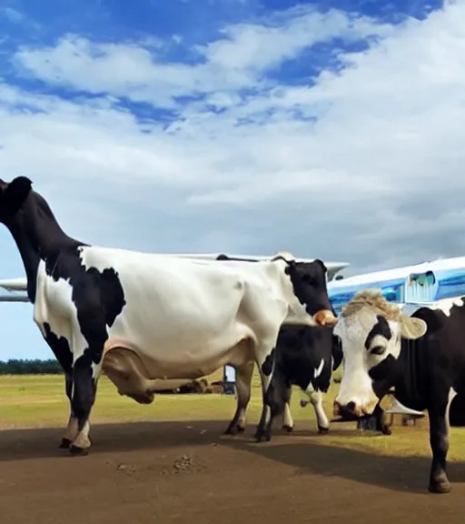 Prompt: intelligent dairy cows boarding an airliner