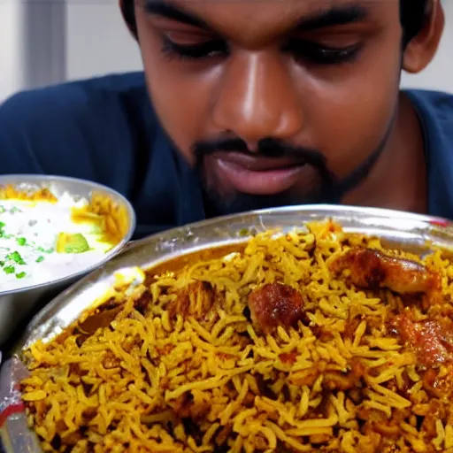 Prompt: A college student is eating chicken biryani in an Andhra mess, highly detailed, 4k