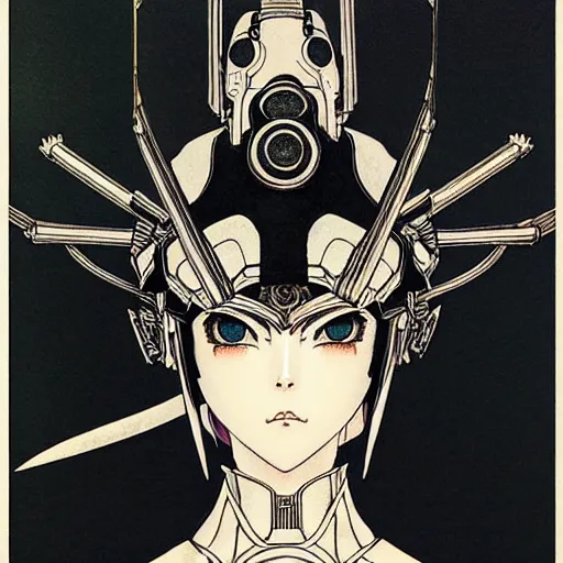 Image similar to prompt : black and white portrait soft light painted by takato yamamoto, tiara mecha attributes and armor, inspired by ghost in shell anime, smooth face feature, intricate oil painting, high detail, sharp high detail, manga and anime 1 9 8 0