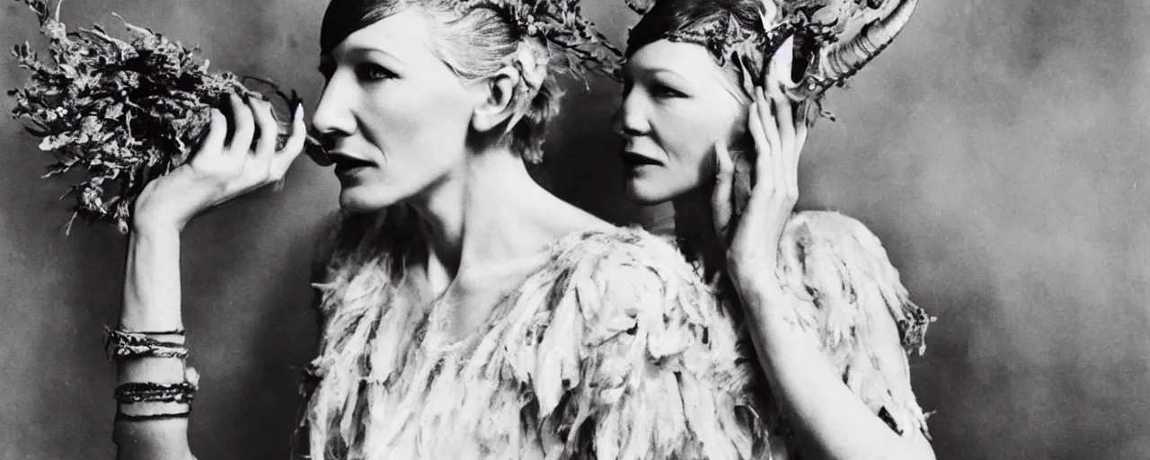 Prompt: 1920s portrait photography of cate blanchett transforming into a monster, edelweiss growing out of his face, goat horns on his head