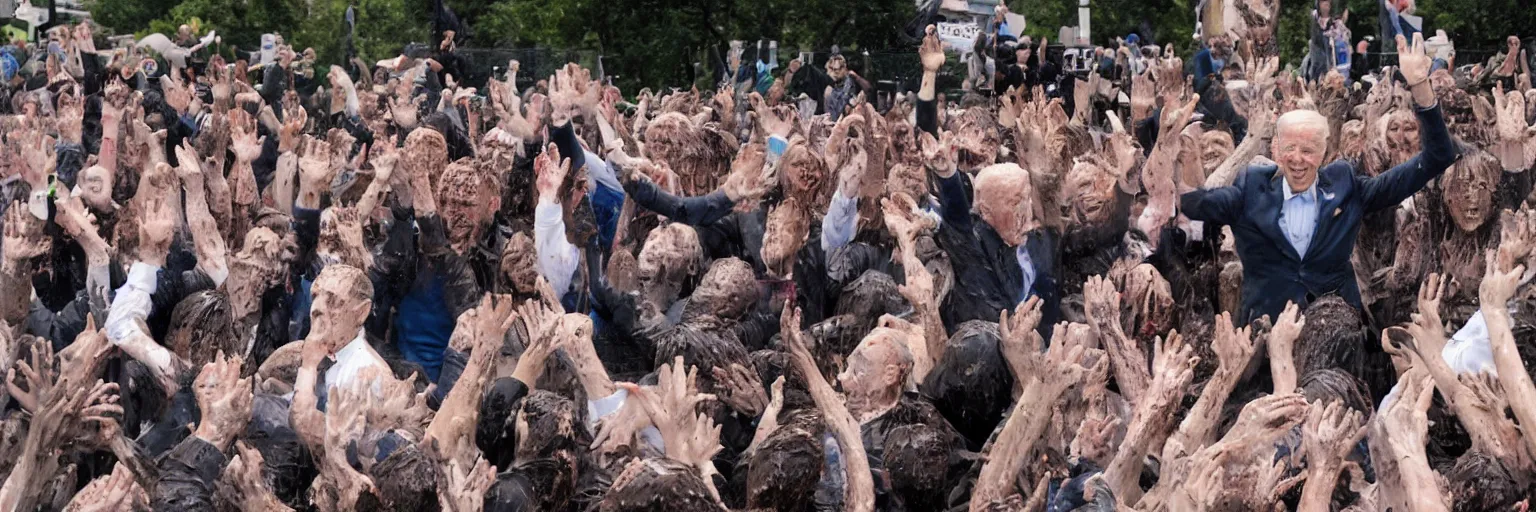 Image similar to photograph of several clones of joe biden raving in a muddy mosh pit