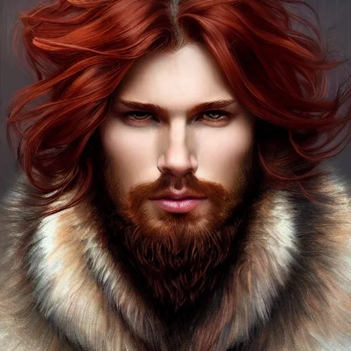 Image similar to portrait of a wolf, male, handsome, masculine, full body, red hair, long hair, soft hair, fantasy, intricate, elegant, highly detailed, suit, coffee shop, digital painting, artstation, concept art, character art, smooth, sharp focus, illustration, art by artgerm and greg rutkowski and alphonse mucha