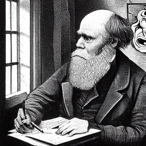 Image similar to Charles Darwin snorting lines of the universe in an art studio, drawing in the style of escher