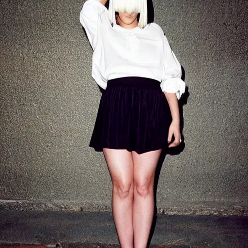 Image similar to sia furler wearing a mini skirt photoshoot