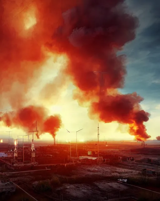 Image similar to oil fields on fire, hyper realism, cinematic, volumetric lighting, dramatic ambient lighting, epic composition, high detail, octane render, unreal engine, 8 k, professional photo, photorealistic, intricate complexity, extremely detailed,