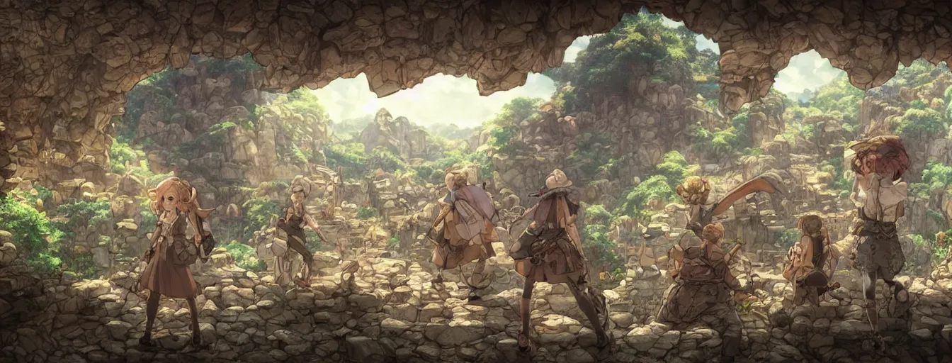 Image similar to standing and waiting just means we'll be showered by more boulders. get ready on the double! hyperrealistic anime illustration by iralki nadar, extremely detailed, intricate linework, super sharp focus, bright colors, octopath traveler, studio ghibli, unreal engine 5 highly rendered, global illumination, radiant light, detailed and intricate environment