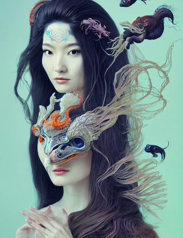 Image similar to 3 d goddess half - turn portrait with long hair with ram skull. beautiful intricately detailed japanese crow kitsune mask and clasical japanese kimono. betta fish, jellyfish phoenix, bio luminescent, plasma, ice, water, wind, creature, artwork by tooth wu and wlop and beeple and greg rutkowski