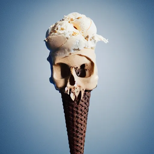 Image similar to skull melting in ice cream cone, photoreal, octane, 5 0 mm lens