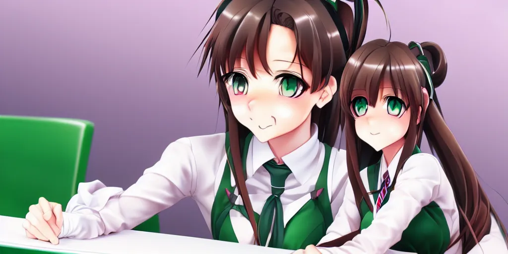 Prompt: beautiful anime high school girl siting on a school desk, full body, brown hair, ponytail, white ribbon, green eyes, full perfect face, slightly smiling, detailed background, drawn by Artgerm, Sasoura, Satchely, no distorsion