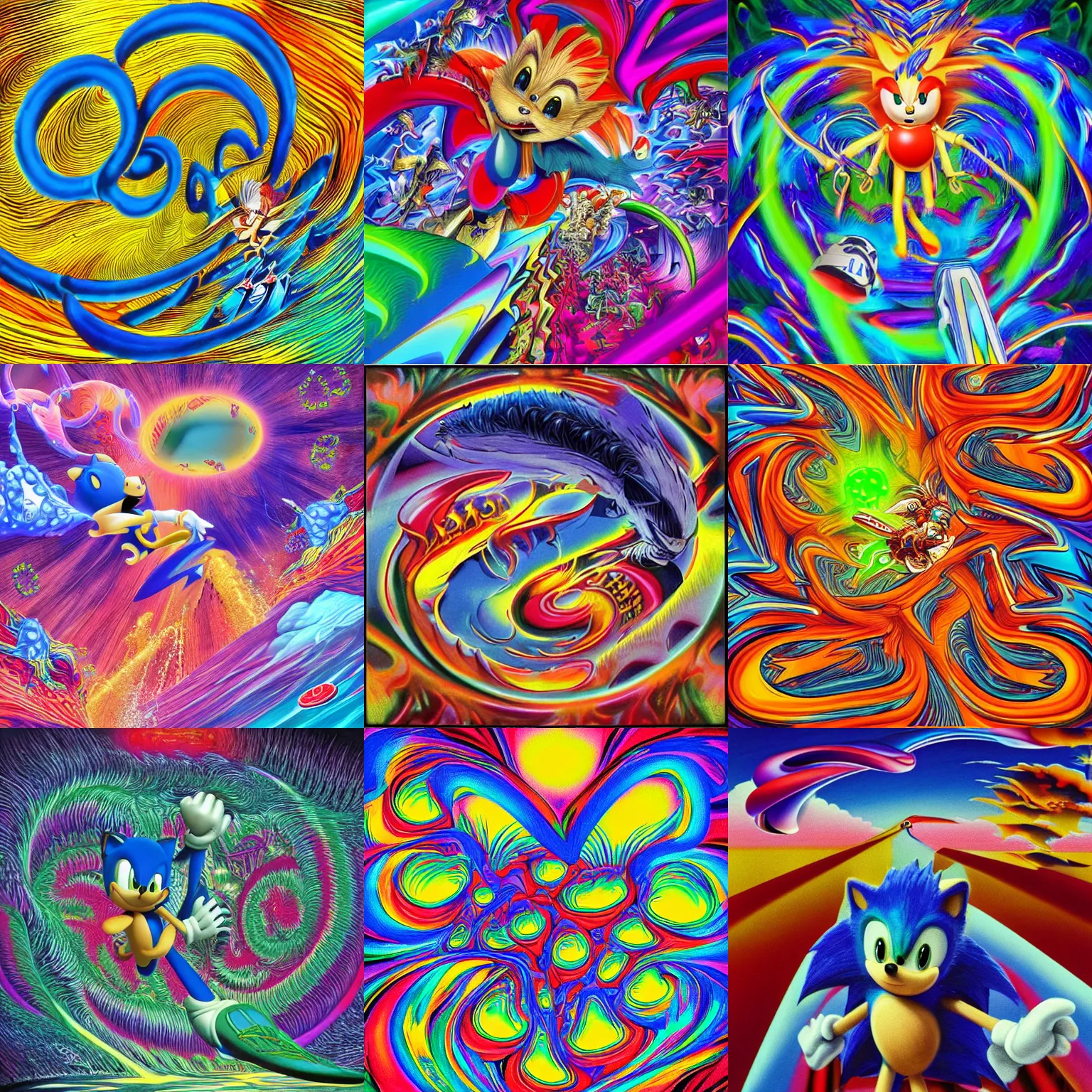 Prompt: surreal, sharp, detailed professional, high quality airbrush art mgmt album cover of a liquid dissolving lsd dmt sonic the hedgehog surfing through cyberspace, mandelbrot pattern, 1 9 9 0 s 1 9 9 2 sega genesis video game album cover
