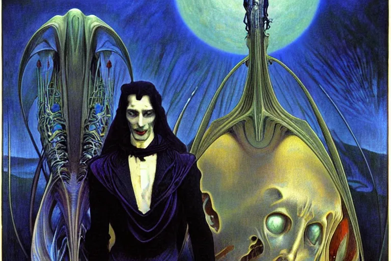 Image similar to realistic extremely detailed portrait painting of an elegantly creepy vampire man dressed as dracula, futuristic sci-fi landscape on background by Jean Delville, Amano, Yves Tanguy, Alphonse Mucha, Ernst Haeckel, Edward Robert Hughes, Roger Dean, rich moody colours, blue eyes