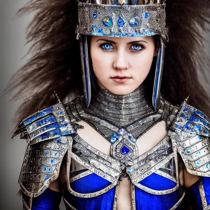 Prompt: full length photo of a cute beautiful warrior queen wearing sapphire encrusted armour, highly detailed, 4 k, hdr, smooth, sharp focus, high resolution, award - winning photo